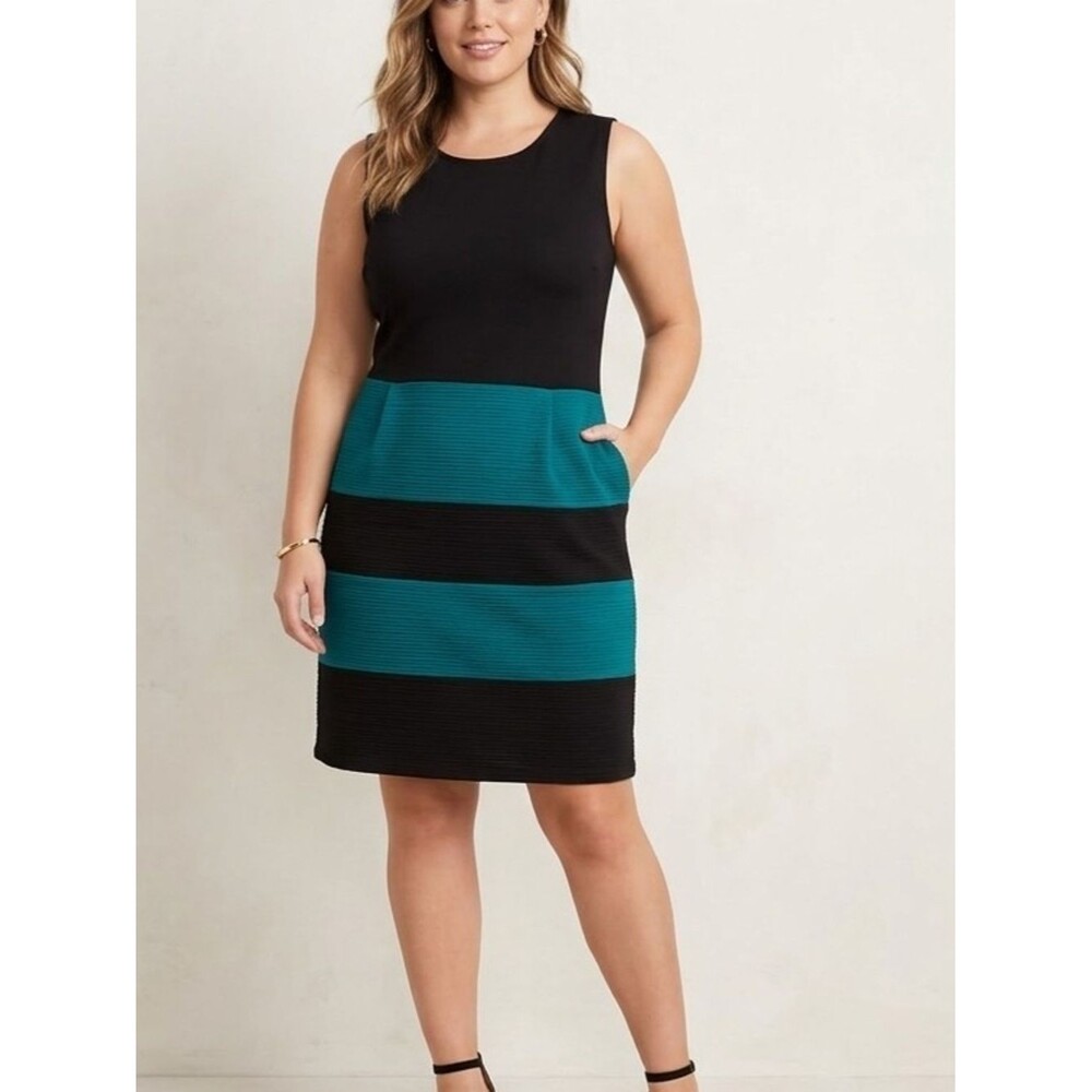 121Blvd Black & Teal Colorblock Striped Sleeveless Ribbed Knit Dress Lg See Desc